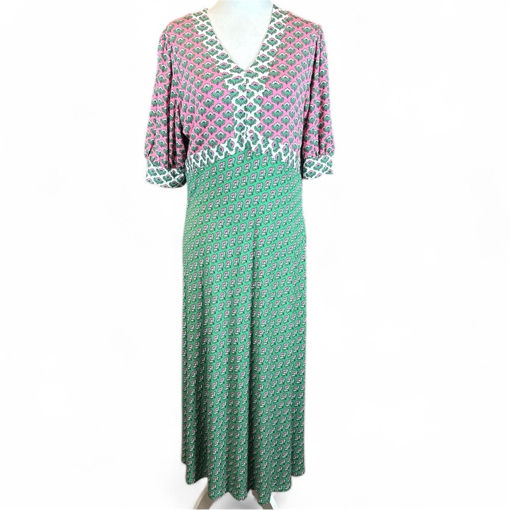 Vintage Boden Dress Women’s 12P Pink Green Floral Eva Midi Jersey Comfort Preppy